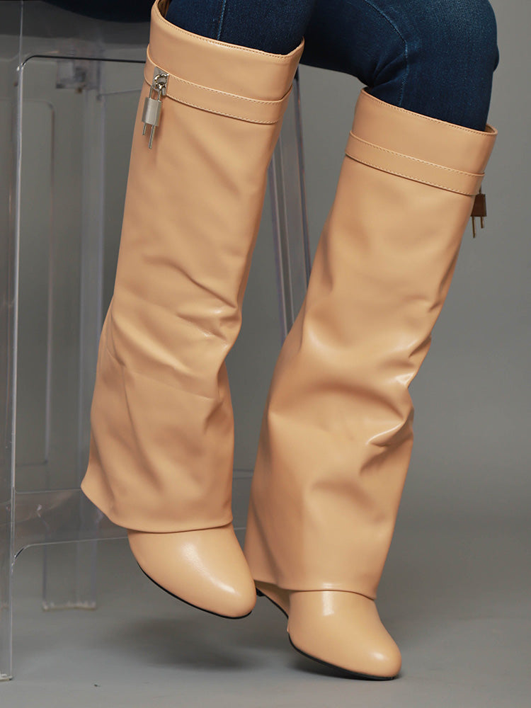 Lock & Key Leather Wedge Heel Boots Brown / 6.5/7