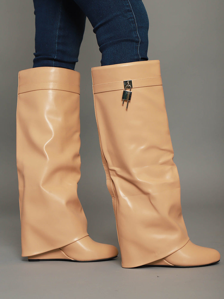 Lock & Key Leather Wedge Heel Boots Brown / 6