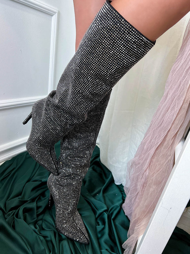 Crystal-Embellished Suede Boots Black / 10