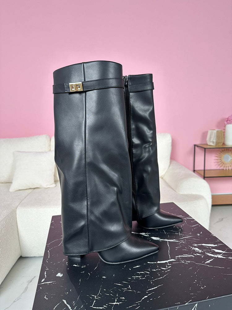 Fold Chunky Heel Knee High Boots Black Leather / 9/9.5