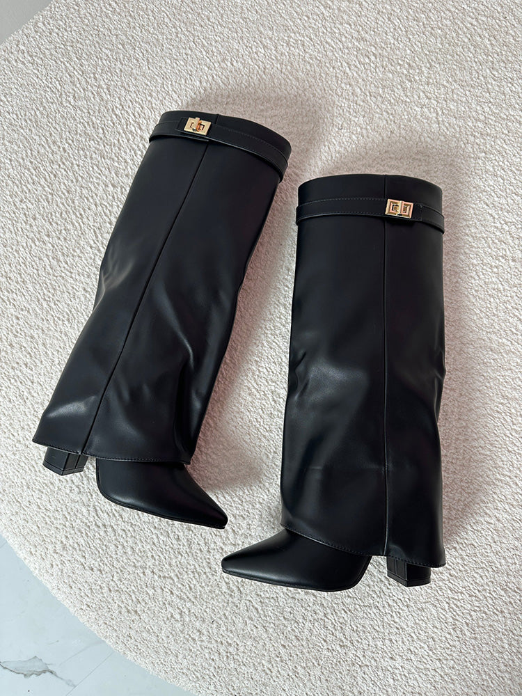 Fold Chunky Heel Knee High Boots Black Leather / 10