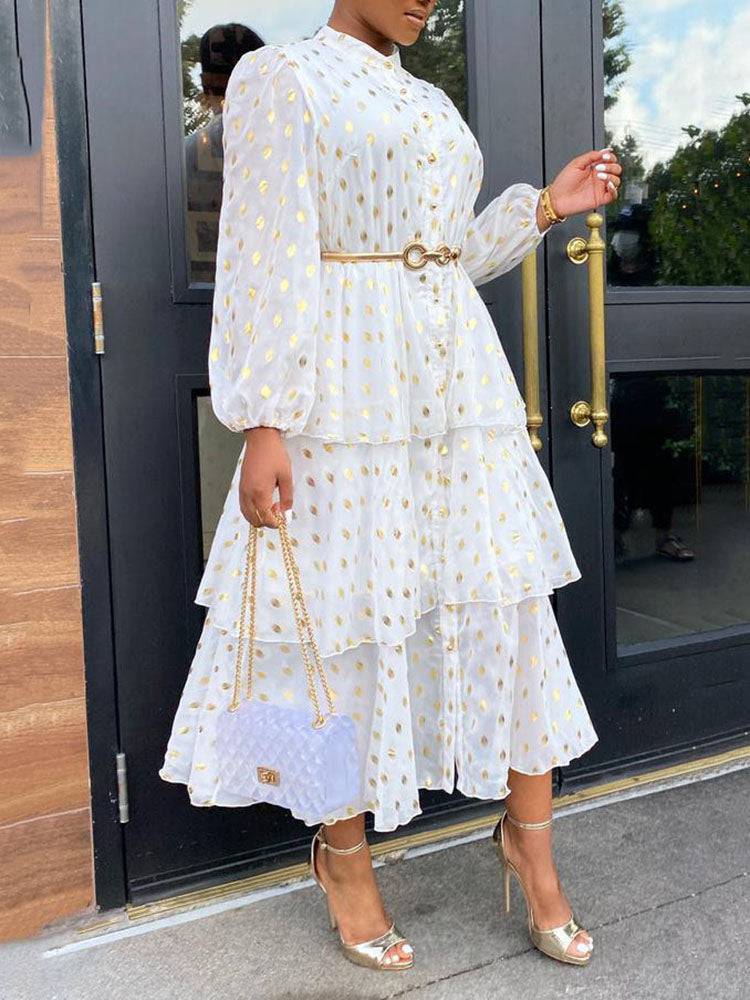 Women's Elegant Polka Dot Ruffle Dress White / M