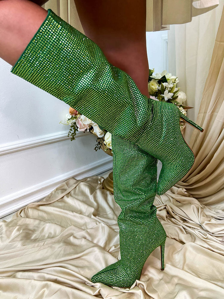 Crystal-Embellished Suede Boots Green / 9/9.5