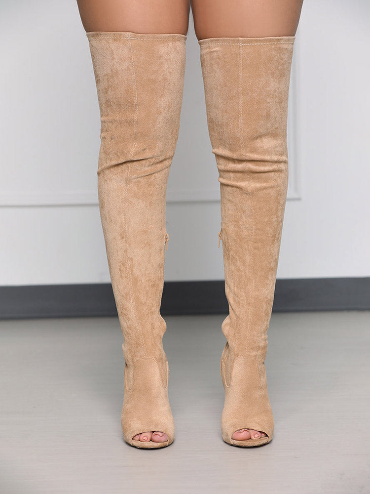 Peep Toe Suede Over Knee Boots Black / 5/5.5