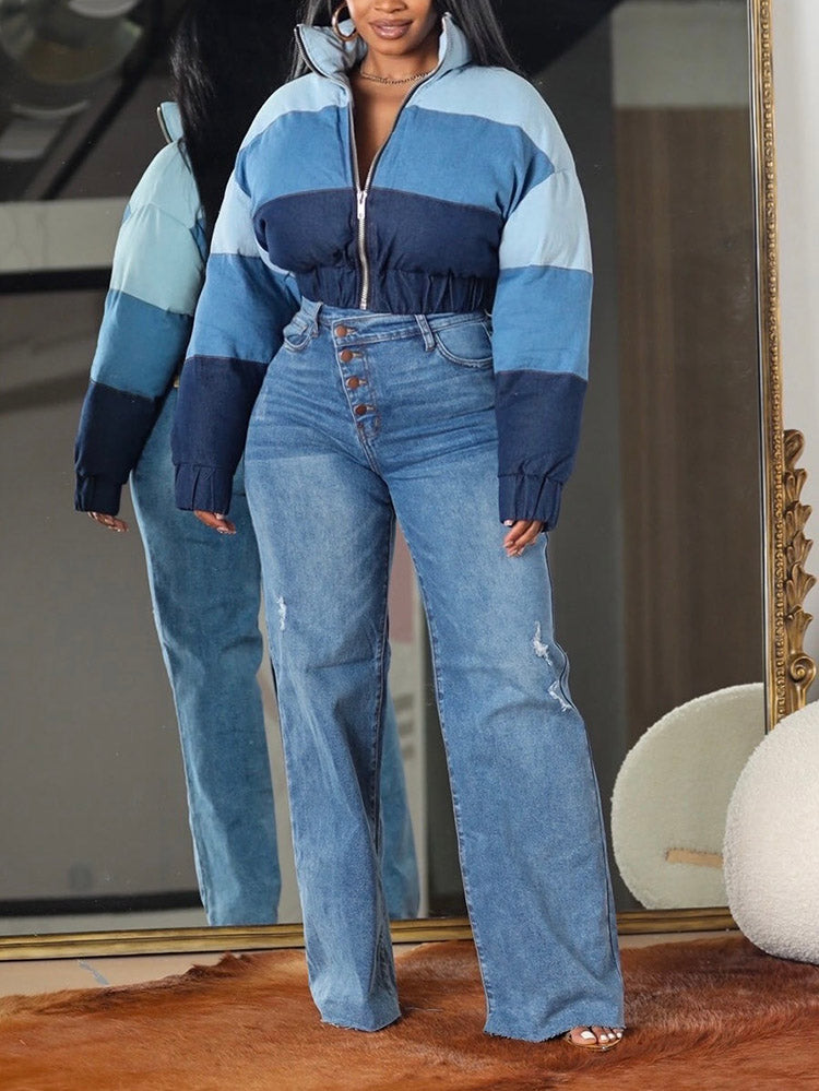 Color Block Denim Puffer Jacket Blue / L
