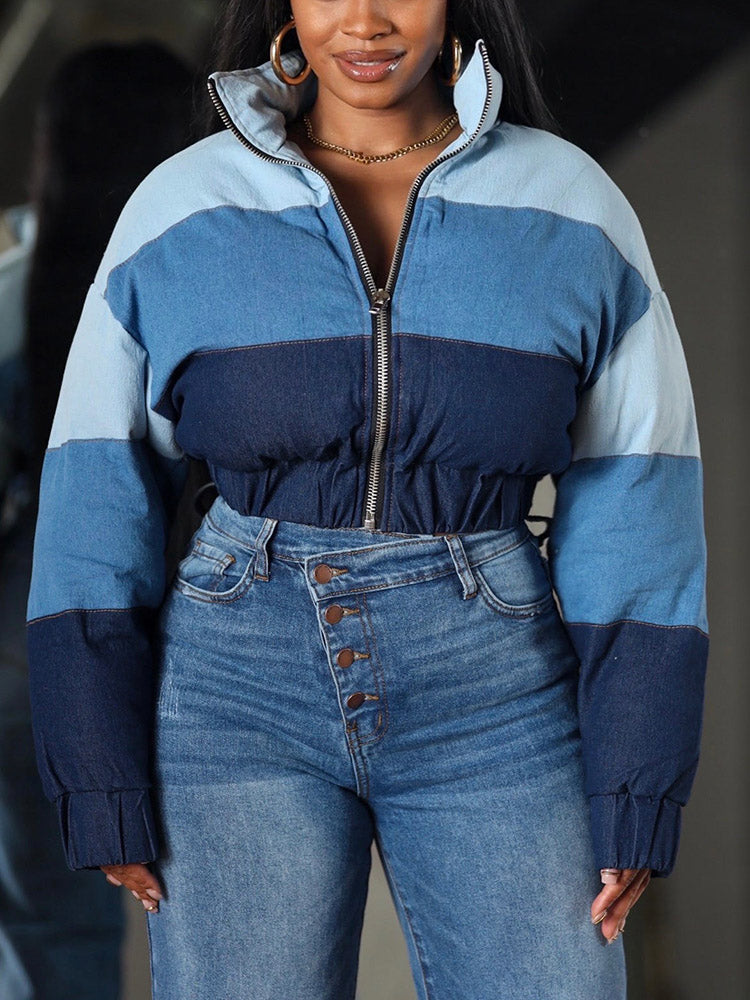 Color Block Denim Puffer Jacket Blue / M