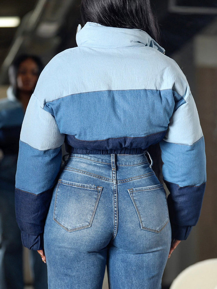 Color Block Denim Puffer Jacket Blue / XL