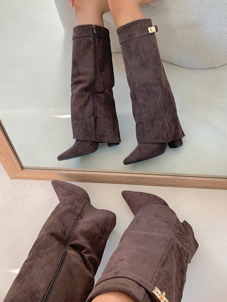Fold Chunky Heel Knee High Boots Black Suede / 7.5/8