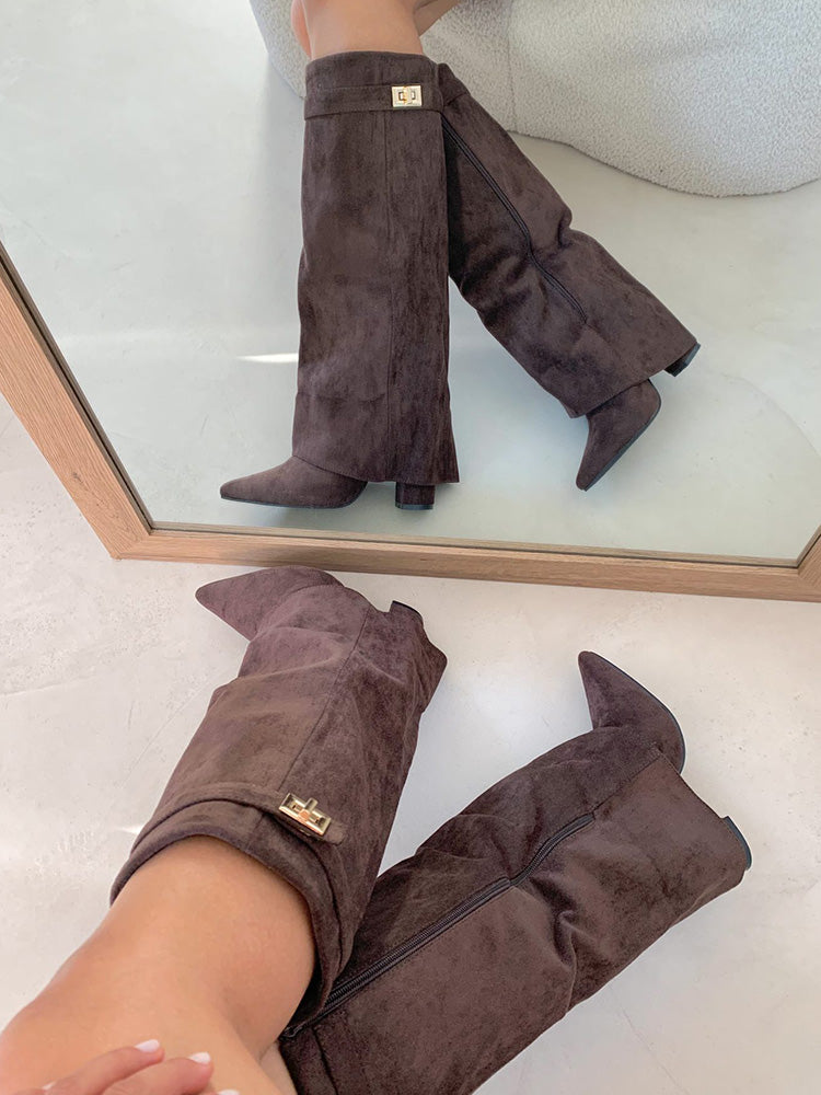 Fold Chunky Heel Knee High Boots Black Suede / 6