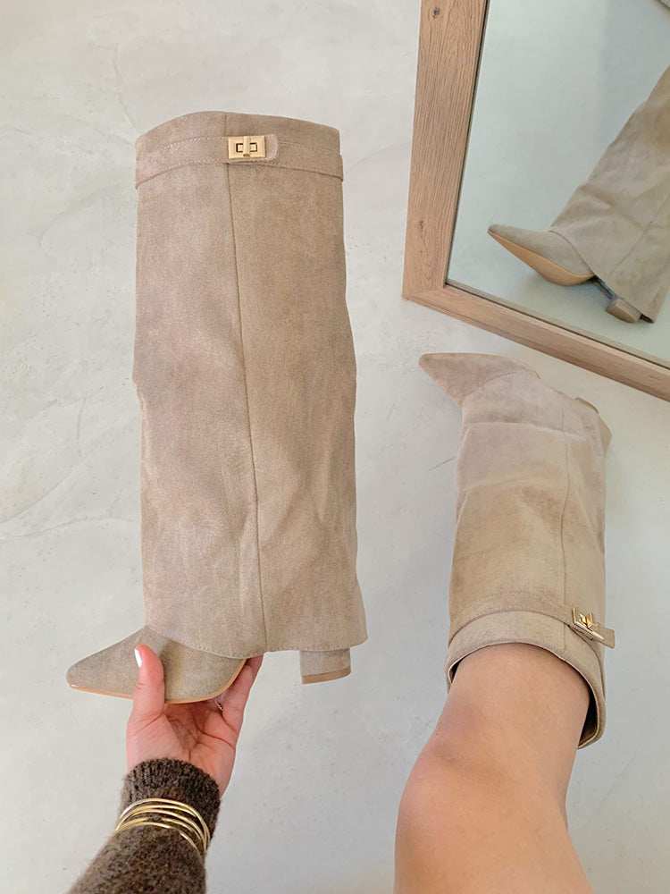 Fold Chunky Heel Knee High Boots Apricot Leather / 10