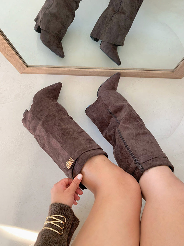 Fold Chunky Heel Knee High Boots Black Suede / 6.5/7