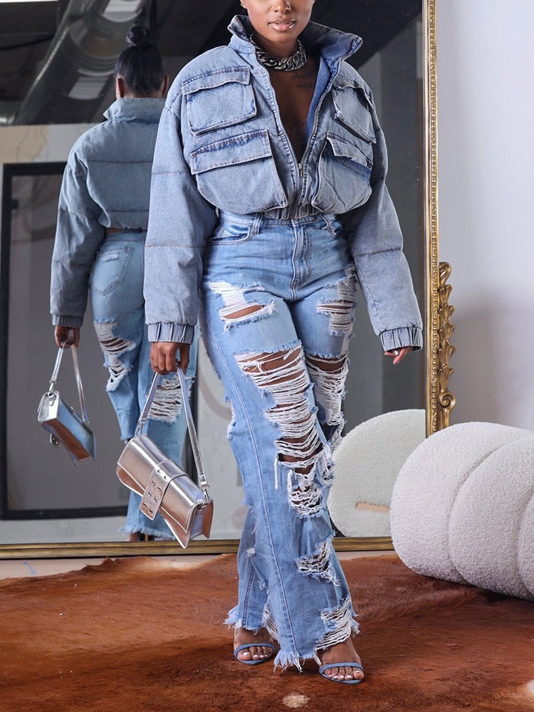 Denim Cargo Pockets Puffer Jacket Blue / 2XL