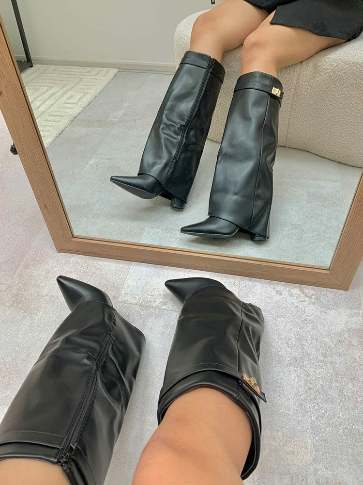 Fold Chunky Heel Knee High Boots Black Leather / 7.5/8