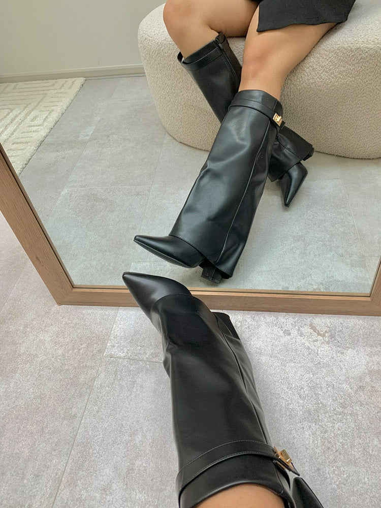 Fold Chunky Heel Knee High Boots Black Leather / 8.5