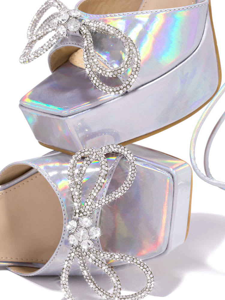 Sparkling Bow Platform Heel Sandals Silver / 5/5.5