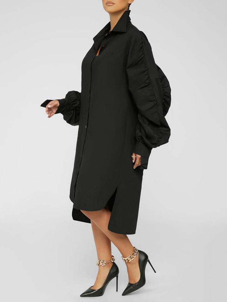 Turndown Collar Long Sleeve Shirt Dress Black / 3XL