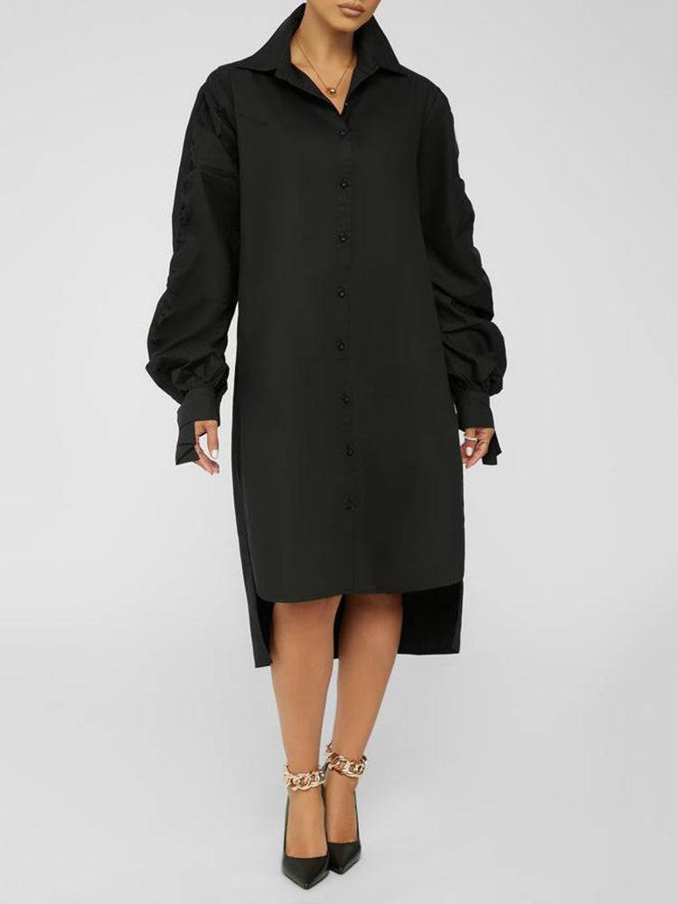 Turndown Collar Long Sleeve Shirt Dress Black / 2XL