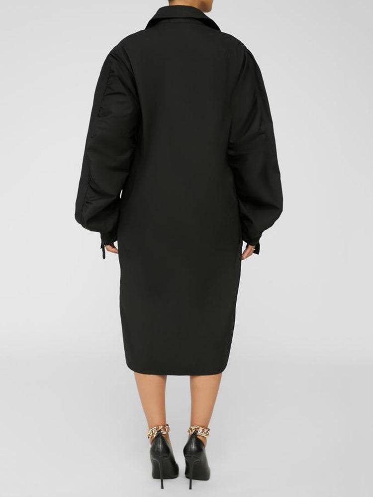 Turndown Collar Long Sleeve Shirt Dress Black / 4XL