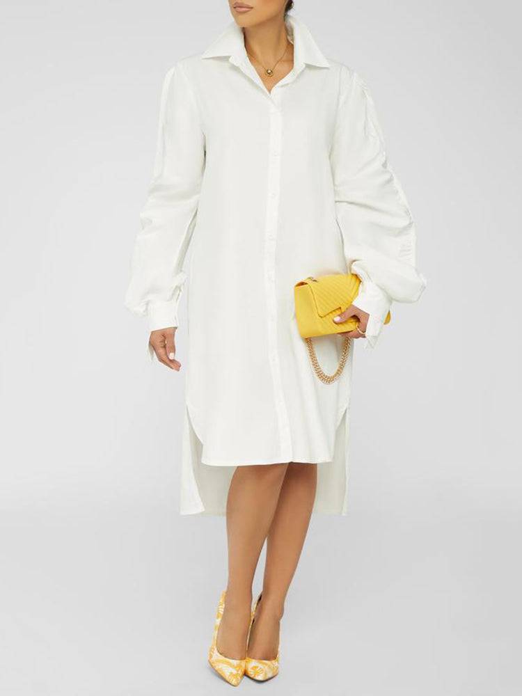 Turndown Collar Long Sleeve Shirt Dress White / 2XL