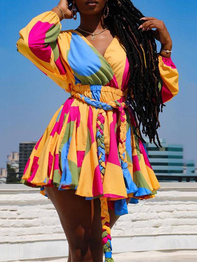 Women's Tie Dye With Belt V Neck Dress Yellow / 5XL
