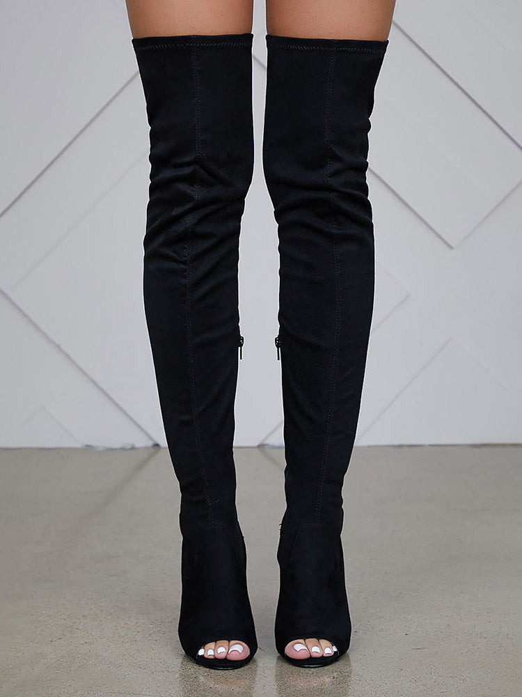 Peep Toe Suede Over Knee Boots Chestnut / 10