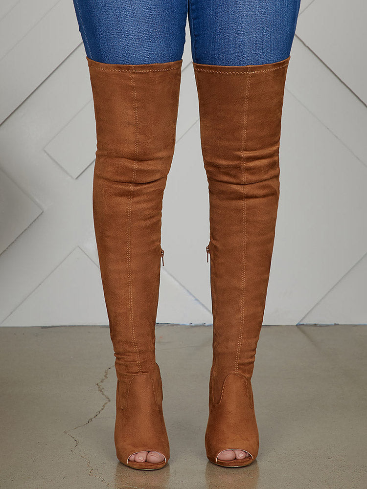 Peep Toe Suede Over Knee Boots Chestnut / 5/5.5