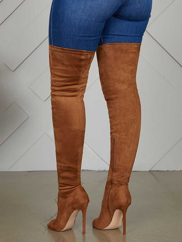 Peep Toe Suede Over Knee Boots Chestnut / 6