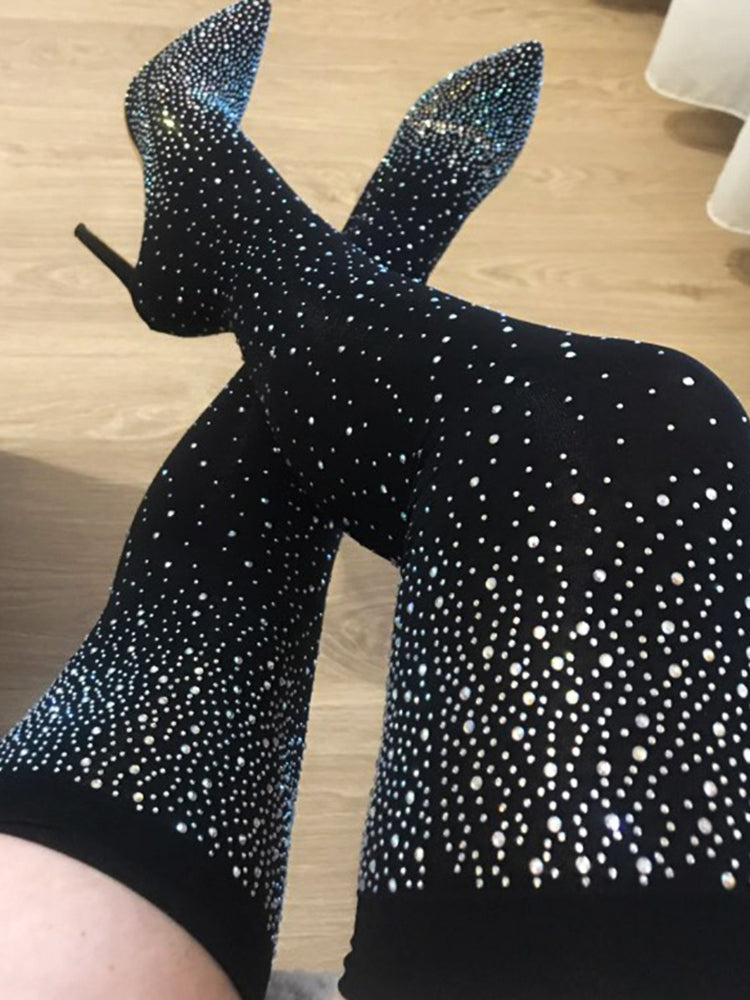 Rhinestone Decor Thigh High Boots Black / 4/4.5