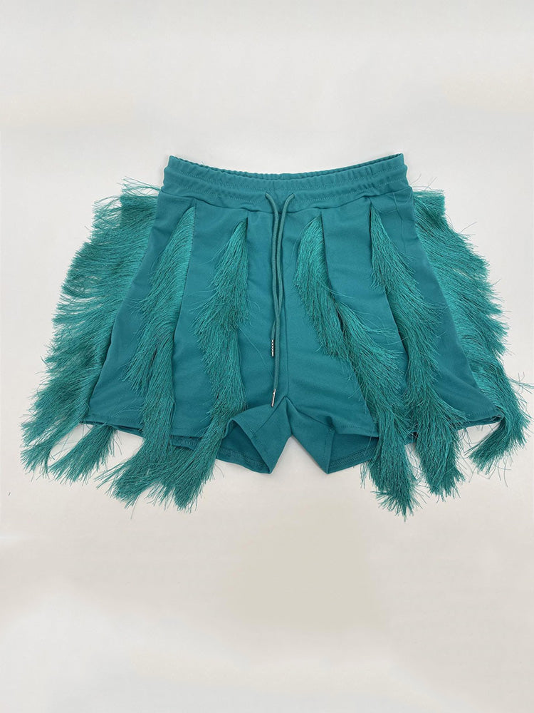 Drawstring Fringe Shorts Light Blue / L