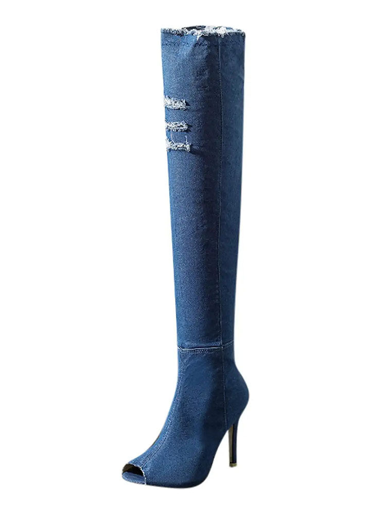 Peep Toe Over The Knee Denim Boots Blue / 9/9.5