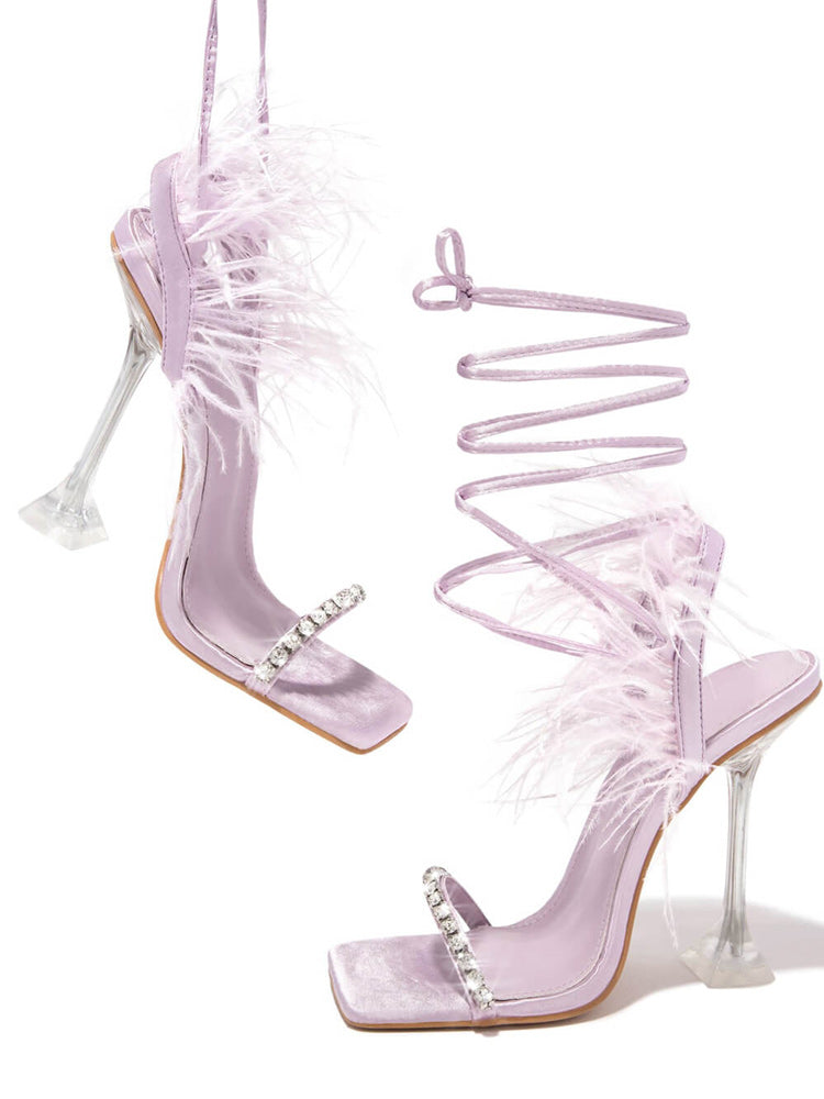 Rhinestone Feather Square Toe Sandals Purple / 7.5/8