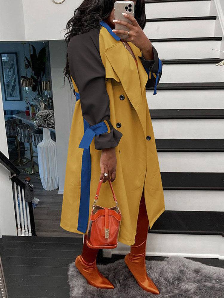 Long Sleeve Belt Turndown Collar Outerwear Yellow / 2XL