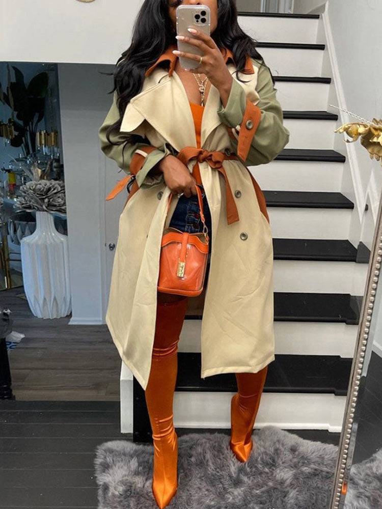 Long Sleeve Belt Turndown Collar Outerwear Khaki / L