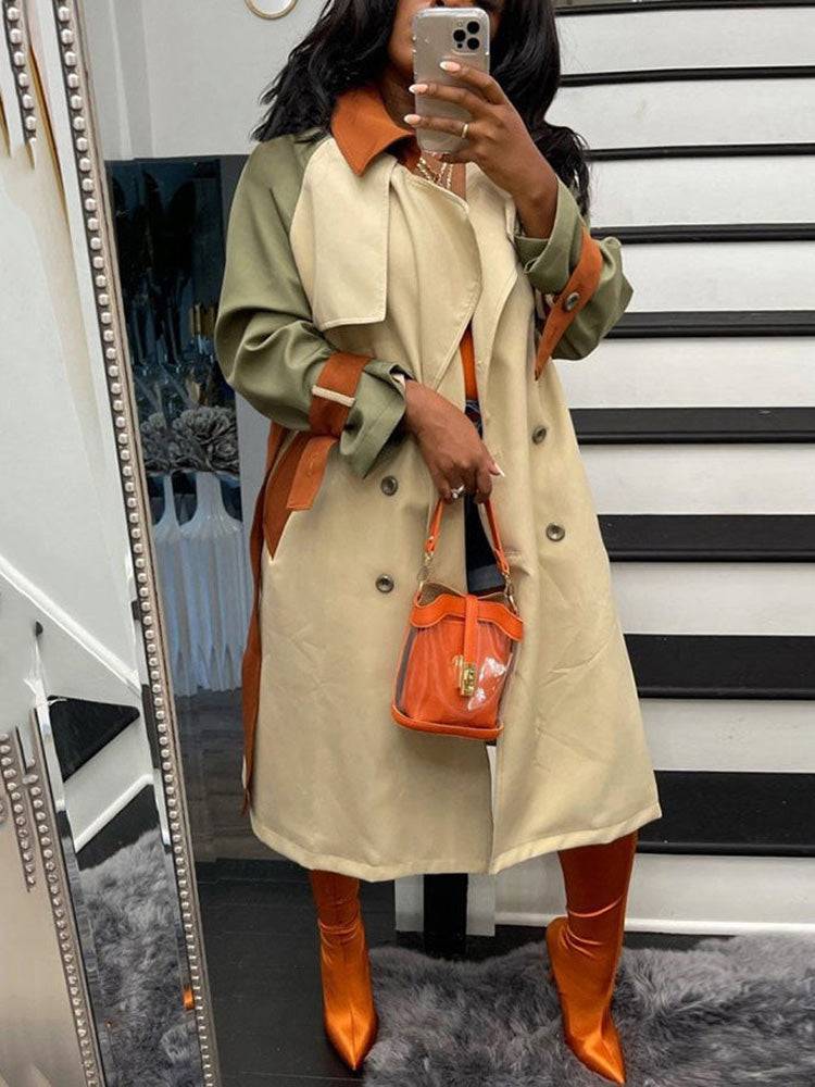 Long Sleeve Belt Turndown Collar Outerwear Khaki / XL