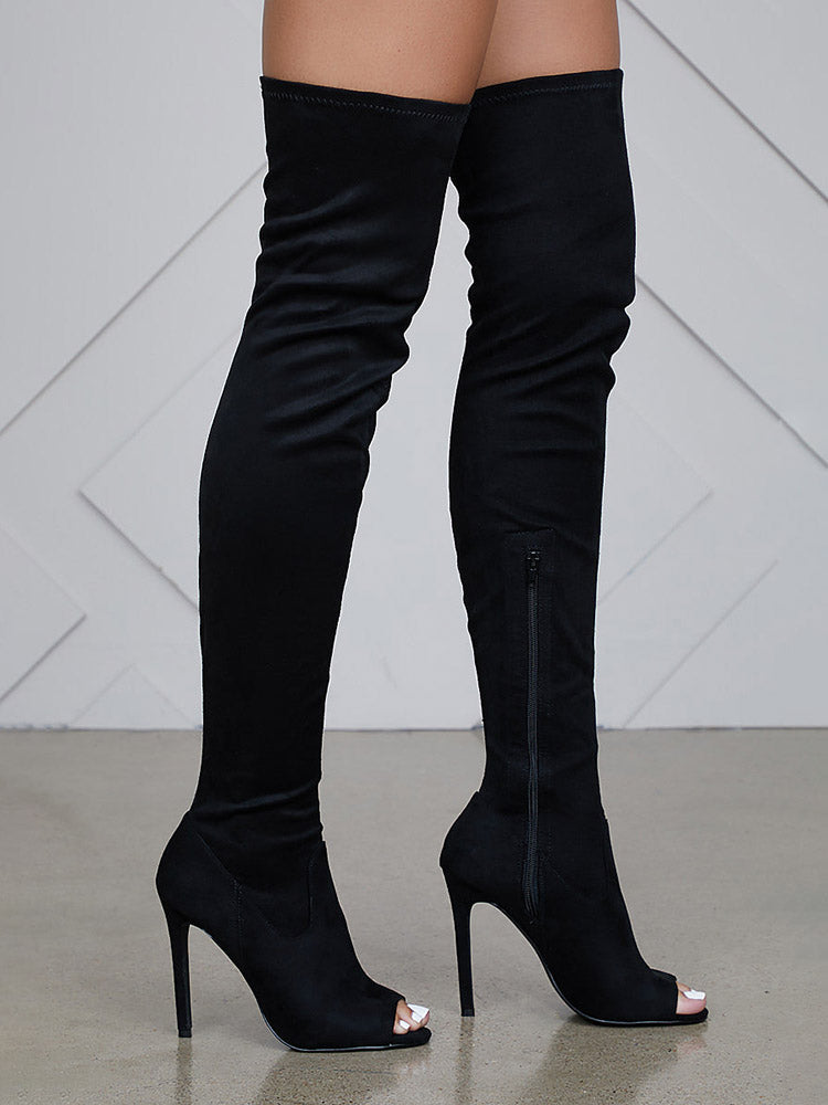 Peep Toe Suede Over Knee Boots Chestnut / 8.5