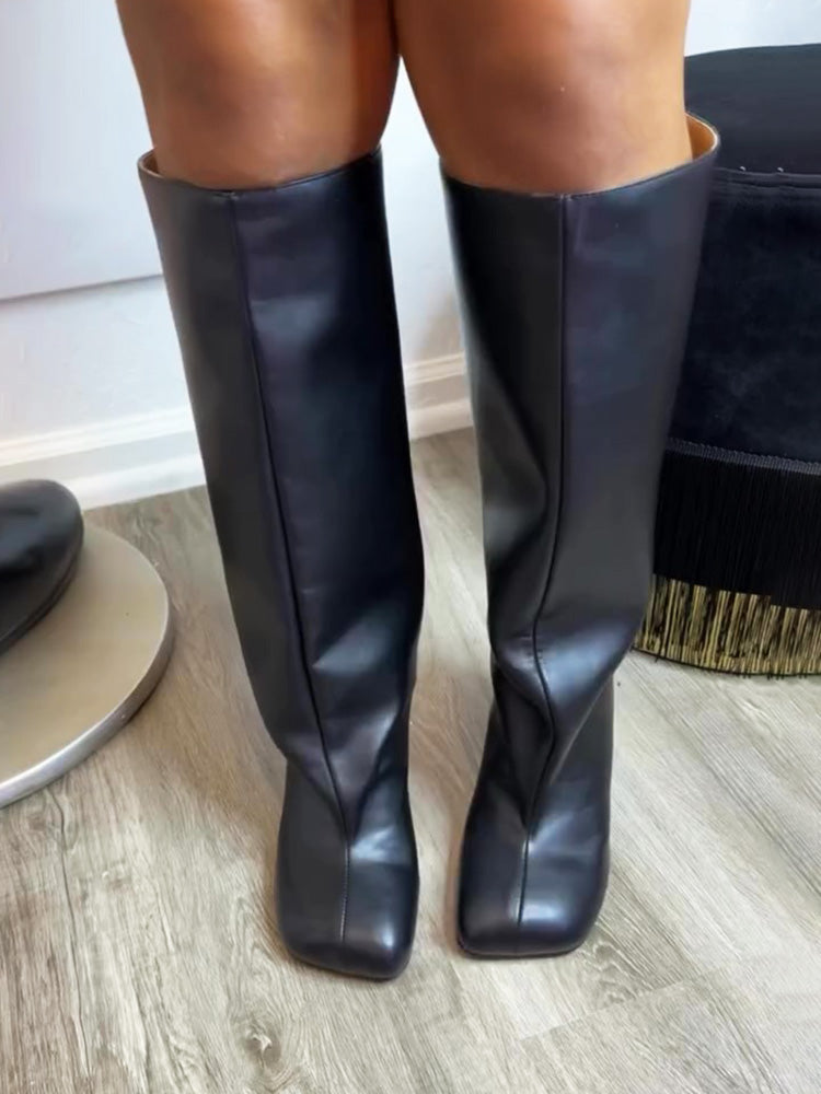 Suede Wide Calf Square Toe Boots Black / 8.5