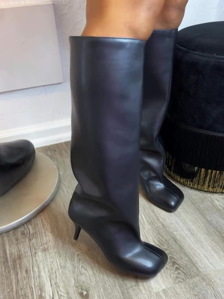 Suede Wide Calf Square Toe Boots Black / 7.5/8