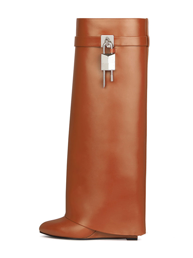 Lock & Key Leather Wedge Heel Boots Brown / 5/5.5