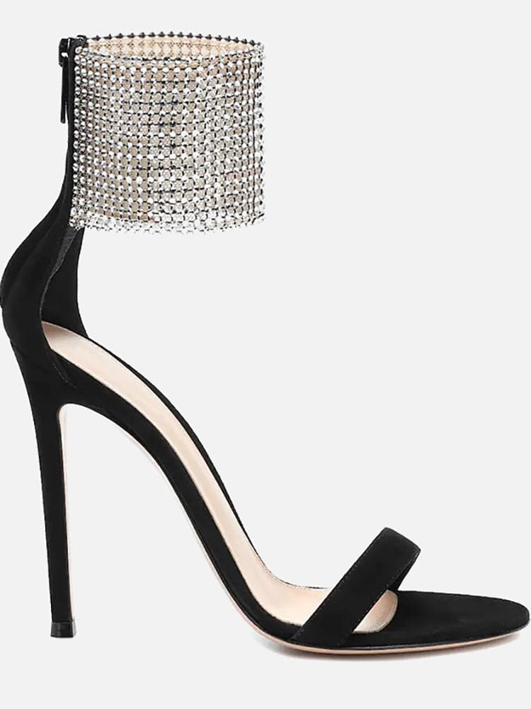 Rhinestone Stiletto-Heel Sandals Black / 5/5.5