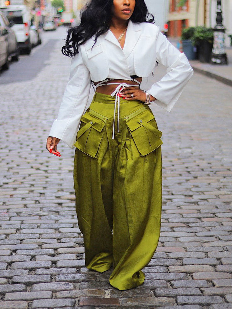 Cargo Pocket Wide Leg Pants Green / M