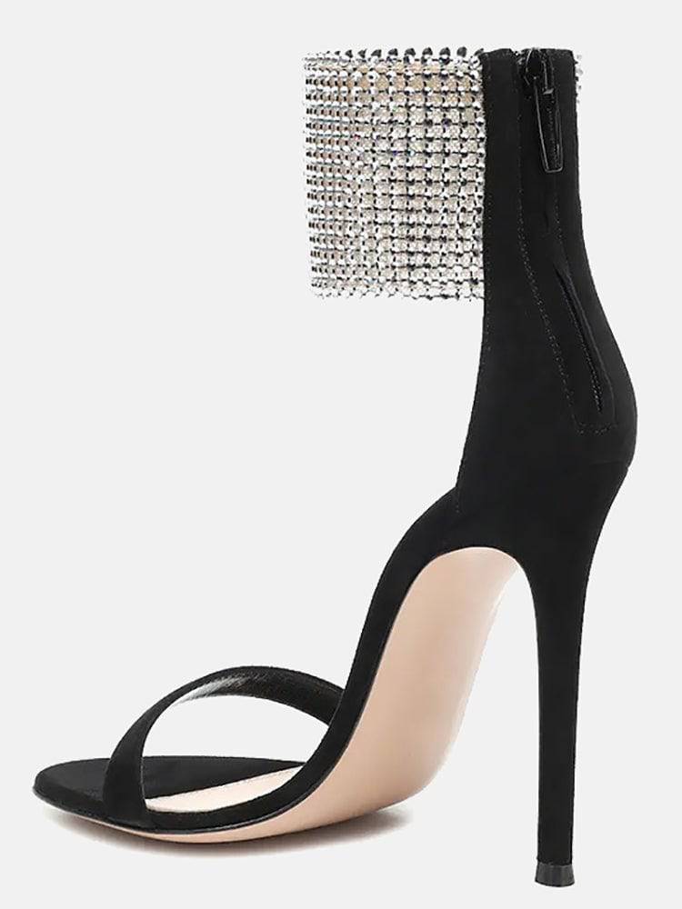 Rhinestone Stiletto-Heel Sandals Black / 6