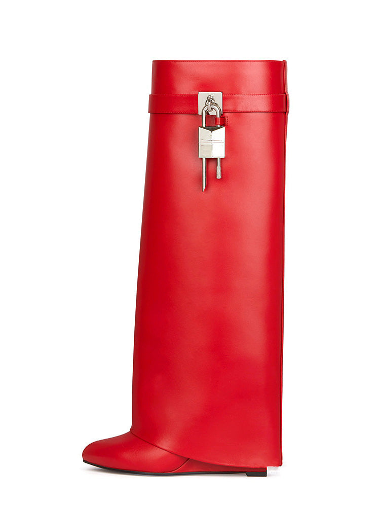 Lock & Key Leather Wedge Heel Boots Red / 9/9.5