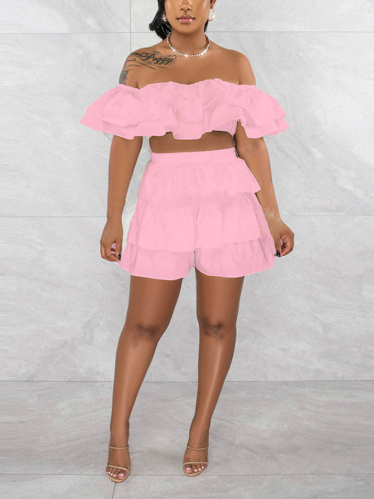 Ruffle Crop Top Shorts Set White / S