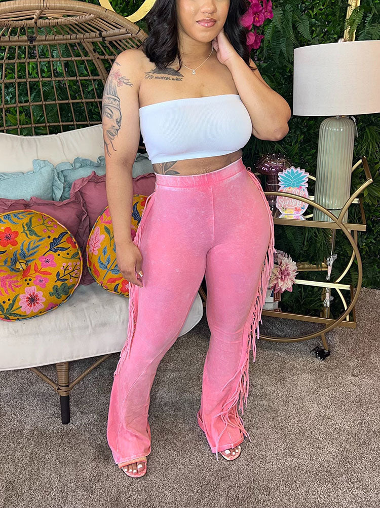 Washed Fringe Flare Pants Pink / L