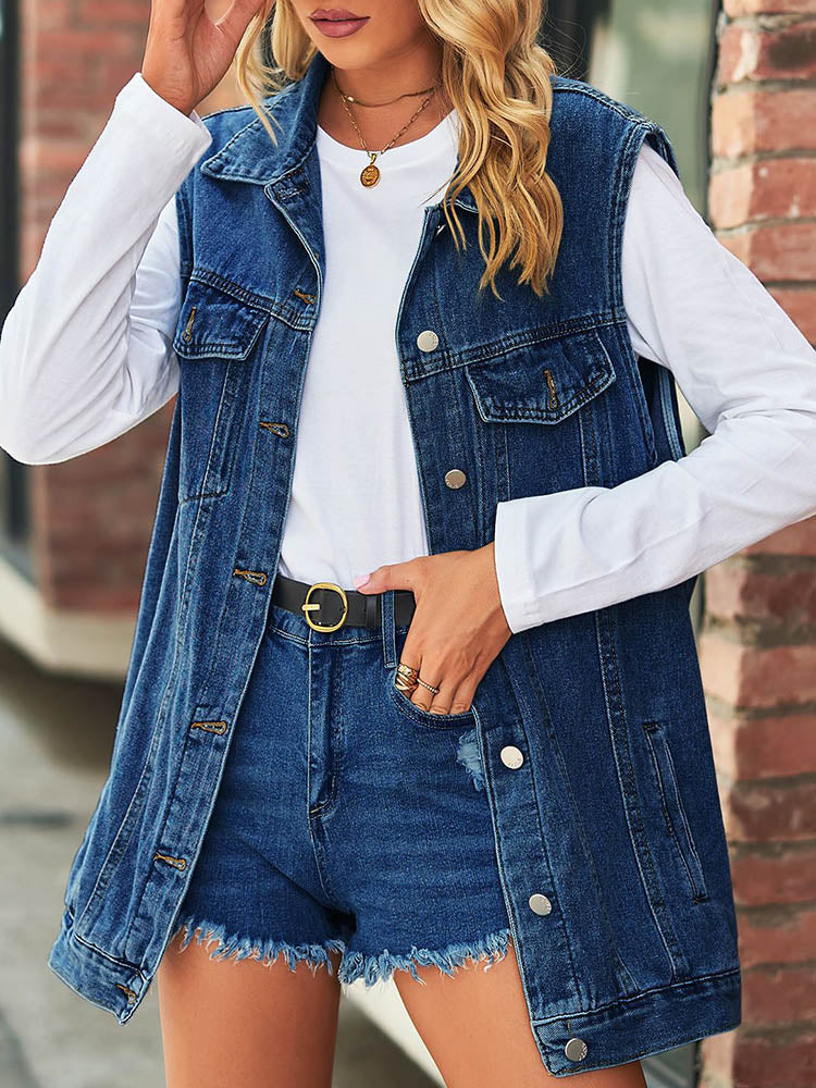 Button Denim Vest Dark Blue / XL