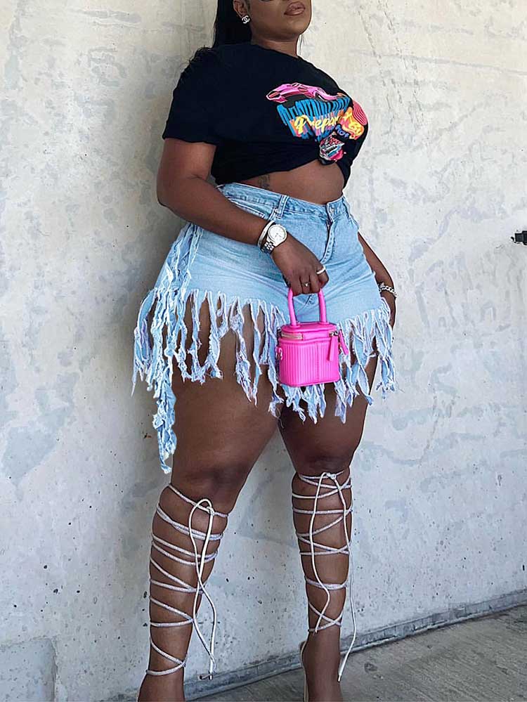 Denim Tassel Shorts Light Blue / 4XL