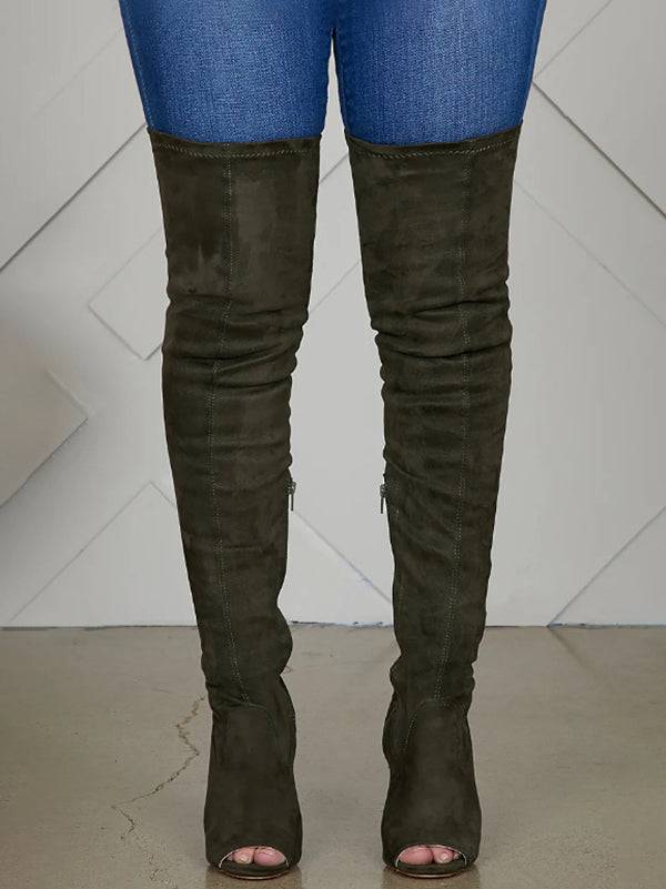 Peep Toe Suede Over Knee Boots Black / 10