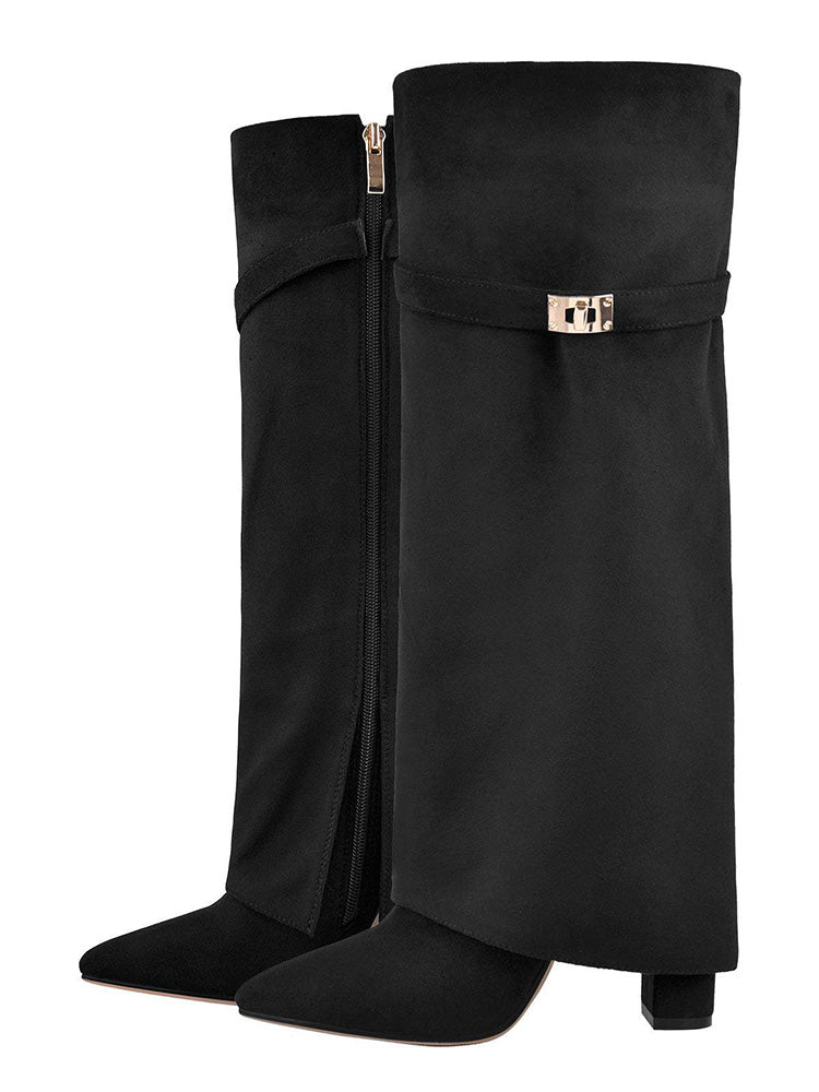 Fold Chunky Heel Knee High Boots Apricot Leather / 7.5/8