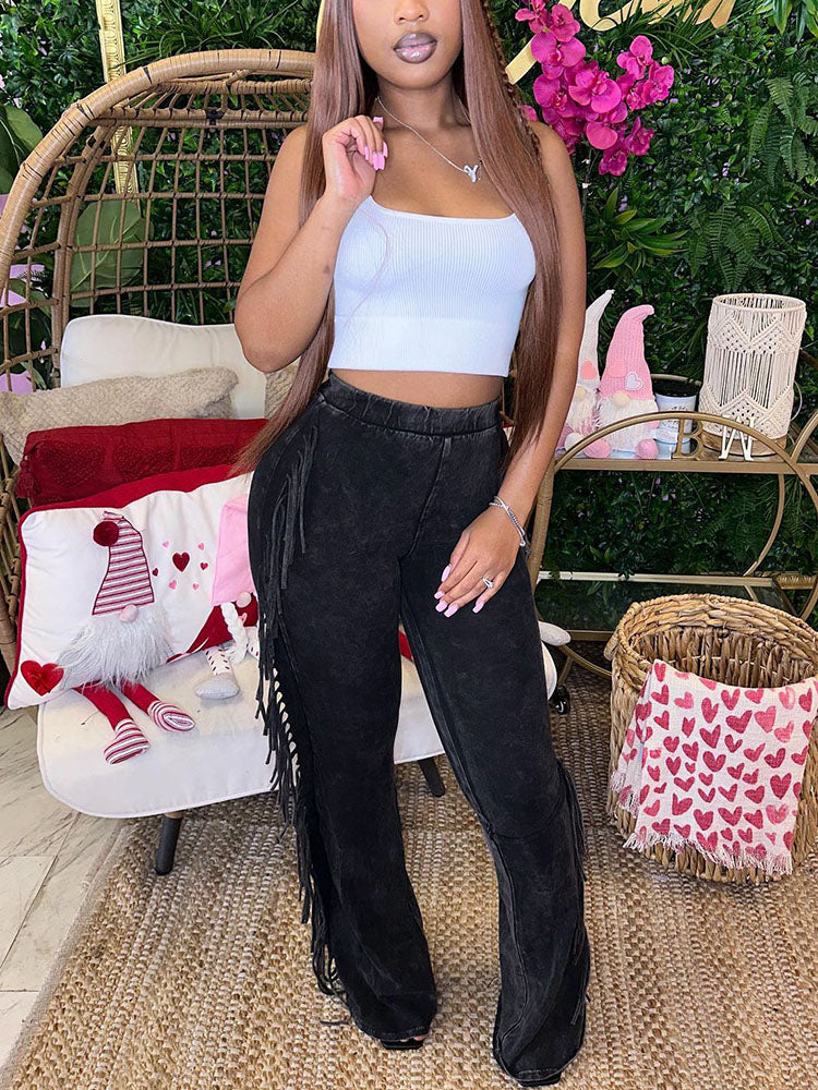 Washed Fringe Flare Pants Black / XL