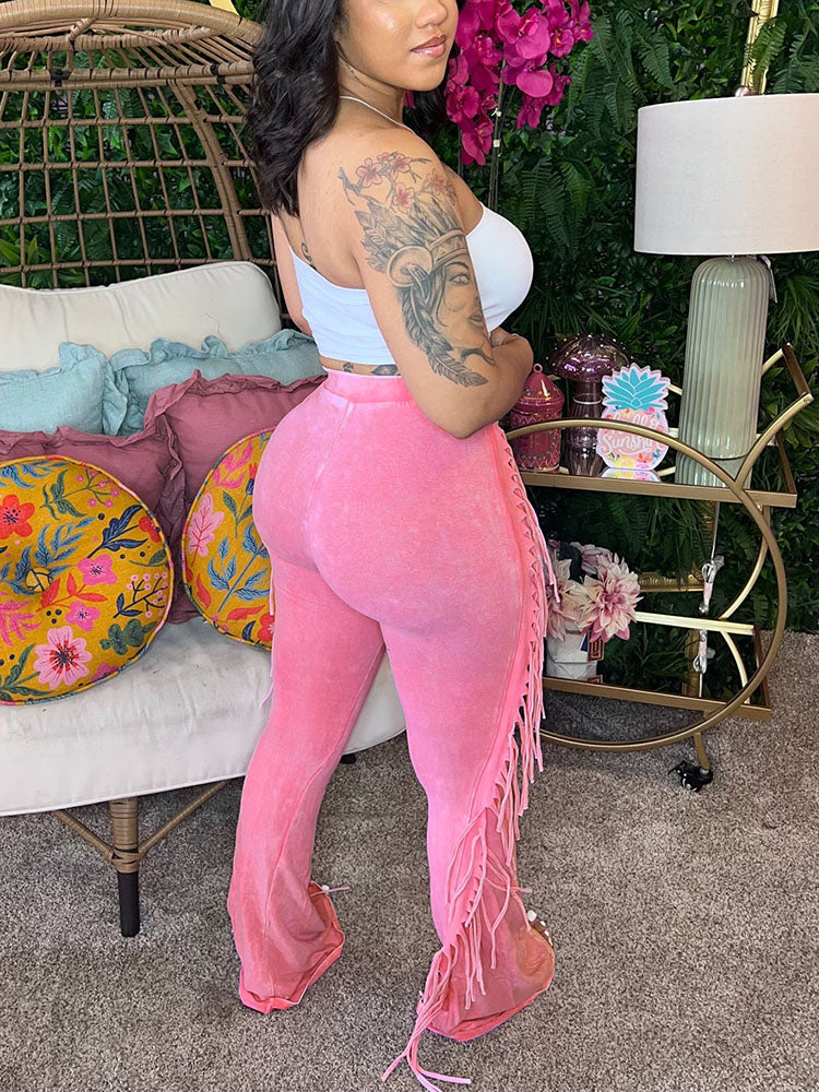 Washed Fringe Flare Pants Pink / XL